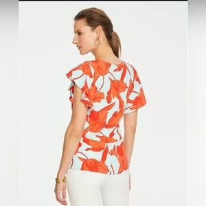ANN TAYLOR PETITE Orange Floral Pale Blue Flutter Sleeve Peplum Blouse Top 2P